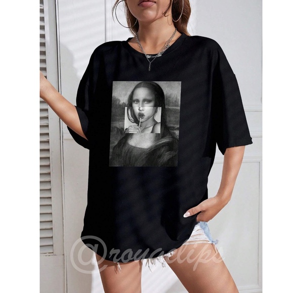 Black Oversized Tee Crewneck Short Sleeve Printed Black White Appliqué Mona Lisa - Picture 3 of 9